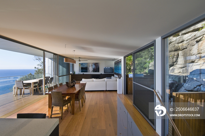 Open plan of dining area with living room; Sydney; NSW; Australia