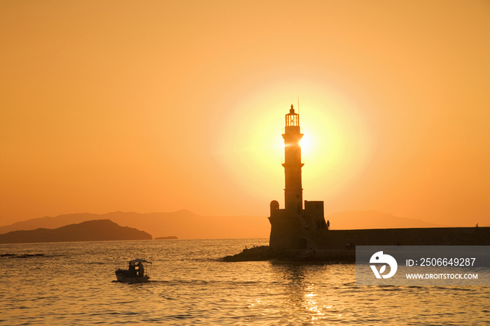 Greece, Chania, lighthouse at sunset