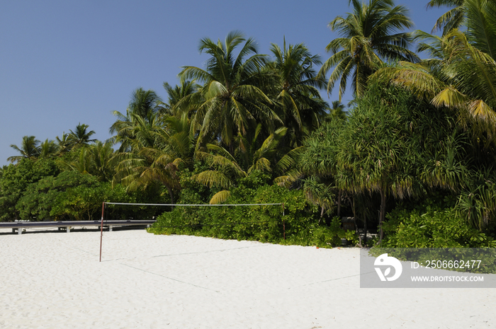 Volley ball net at sandy beach, Maldives, Indian Ocean