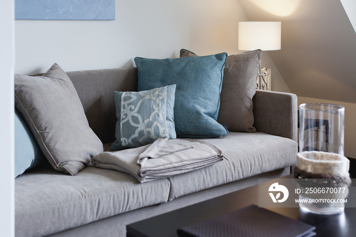 Cushions arranged on sofa in contemporary house