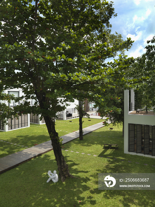 Statue under tree at lawn of The Library resort; Hat Chaweng