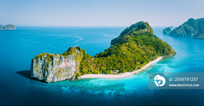 Early Morning drone Aerial Panorama view of Helicopter Island in the Bacuit Bay in El Nido, Palawan,