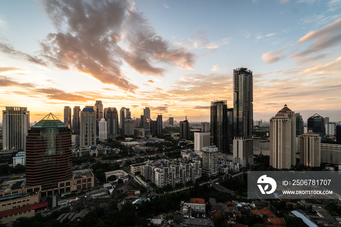 Sunset over Jakarta business district in Indonesia