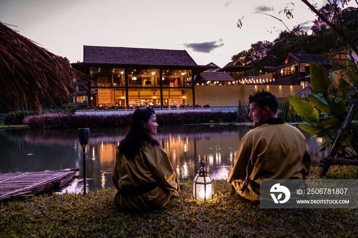 couple at Onsen Spa thermal bath in Thailand, japanese onsen sauna