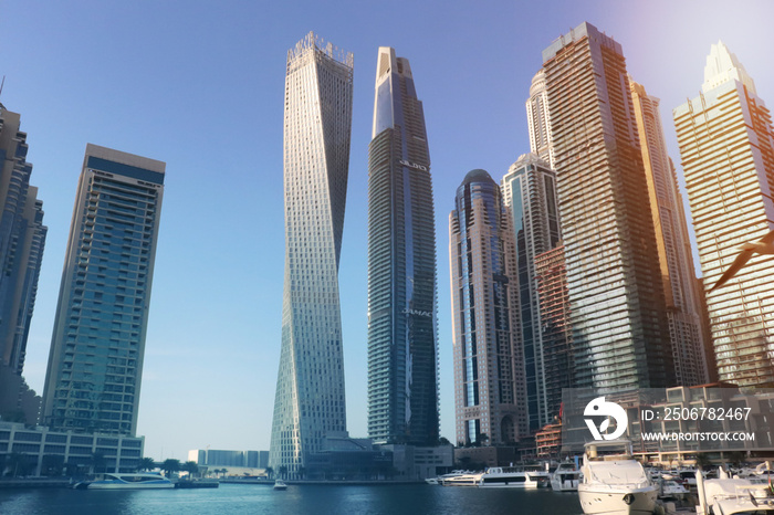 Dubai marina, United Arab Emirates. Sunrise over modern city skyline.