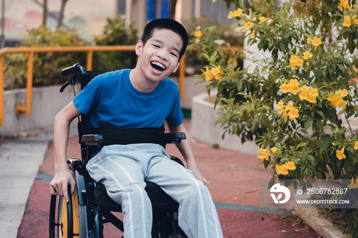 Asian special child on wheelchair is smiling face as happiness on the outdoor nature park background