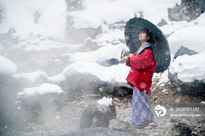 雪の中で傘を持つ着物の女性