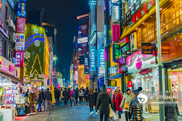 Neon lights in the night of the city of Seoul in South Korea