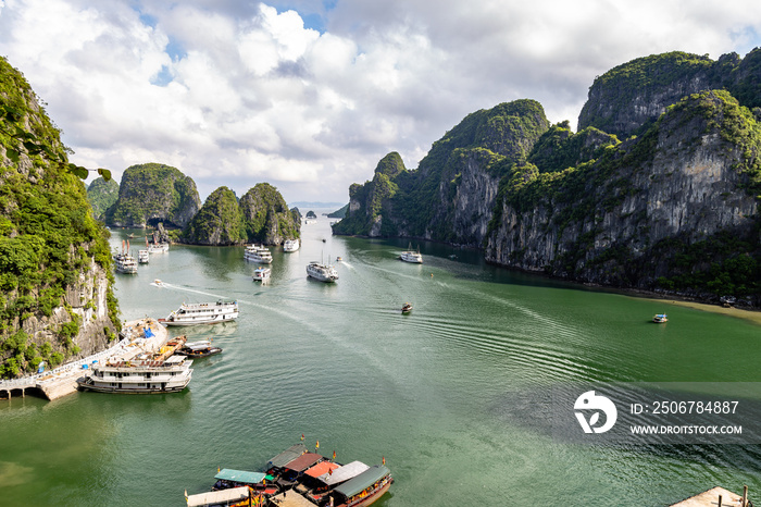 Halong Bay, Vietnam -panorama of the bay in front of Hang Sung Sot grottoes. Halong Bay is a UNESCO 