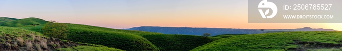 阿蘇大観峰からのパノラマ風景写真 初夏・新緑の季節 夕焼けの時間帯に撮影 日本・熊本・阿蘇 Panoramic landscape photo from Aso Daikanbo Early summ