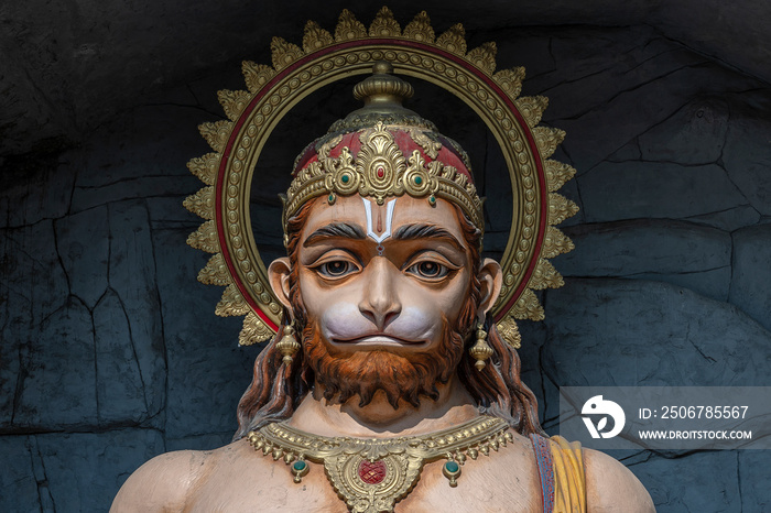 Hanuman statue, Hindu idol near Ganges River, Rishikesh, India. Sacred places for pilgrims