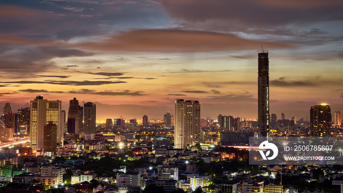 sunrise skyline and cityscape light up