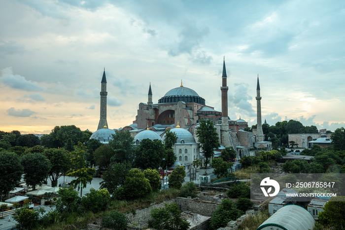 Hagia Sophia domes and minarets in the old town of Istanbul, Turkey, on sunset