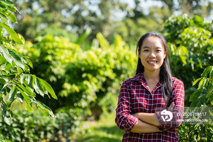 Asian young woman farmer arms crossed and standing in longan orchard