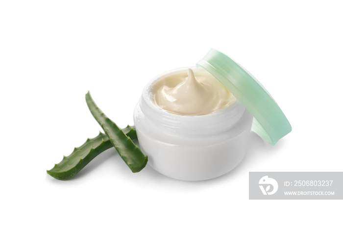 Jar with body cream and aloe vera on white background