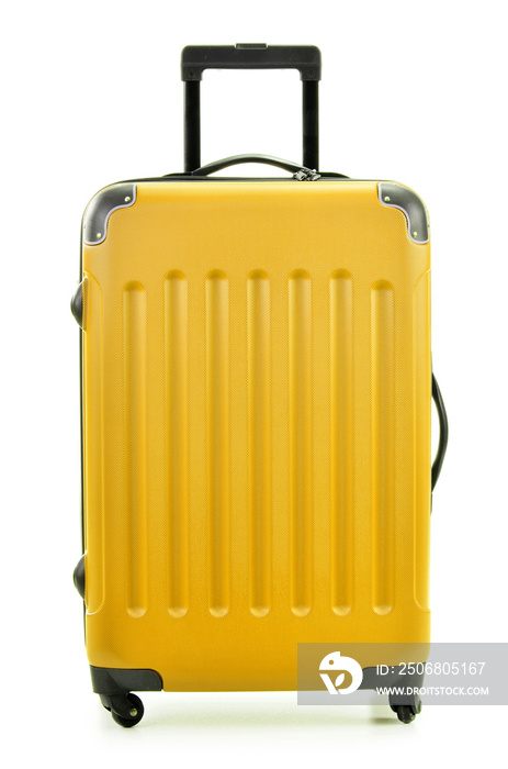 白色隔离的黄色聚碳酸酯大行李箱