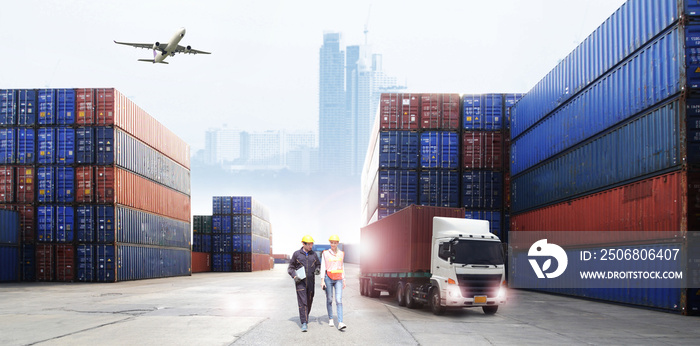 Double exposure  engineer working  logistic shipping business industry  and safety concept of transp