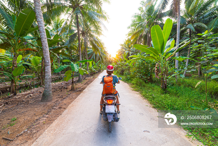 一个人在南越本特雷湄公河三角洲地区骑自行车。郁郁葱葱的椰子树t