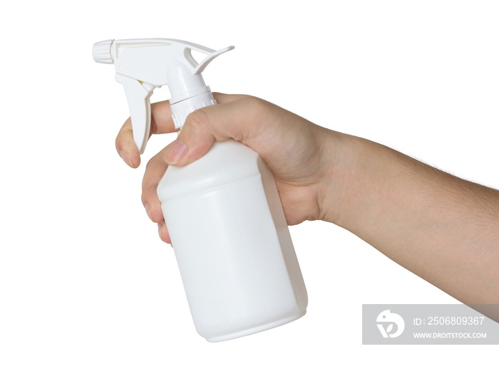 hand holding a spray bottle isolated on white