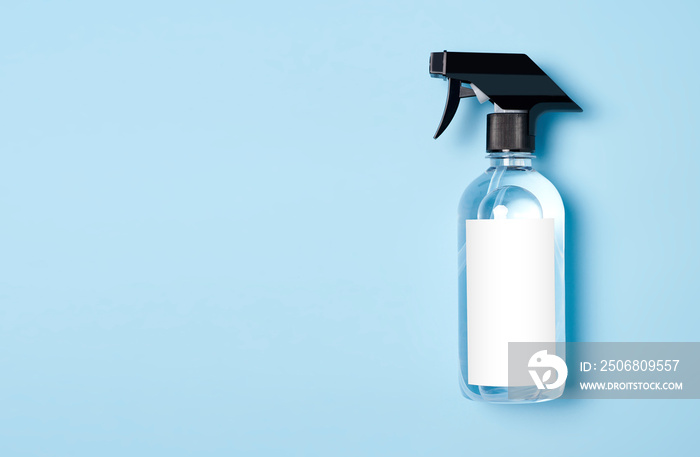 mockup spray alcohol cleaning for protect anti virus bacteria on blue background.