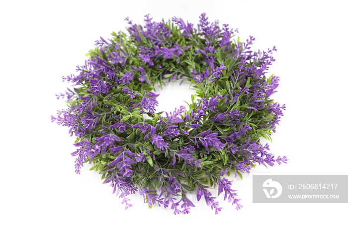 Wreath of lavender flowers isolated on a white background.