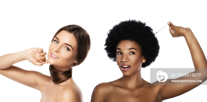 Caucasian and African girls. Comparison of different types of hair and skin tones.