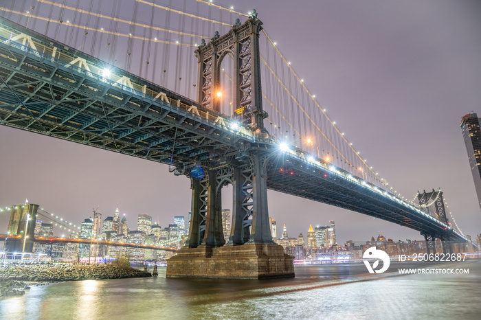 Amazing night view of Manhattan and Brooklyn Bridge at night, winter season, New York City