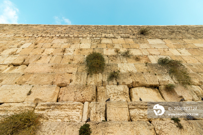 A low angle view of the stones of the Western Wall in Jerusalem, Israel