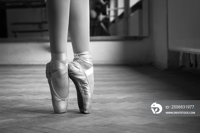 芭蕾舞者的腿。特写。黑白照片。古典舞蹈。