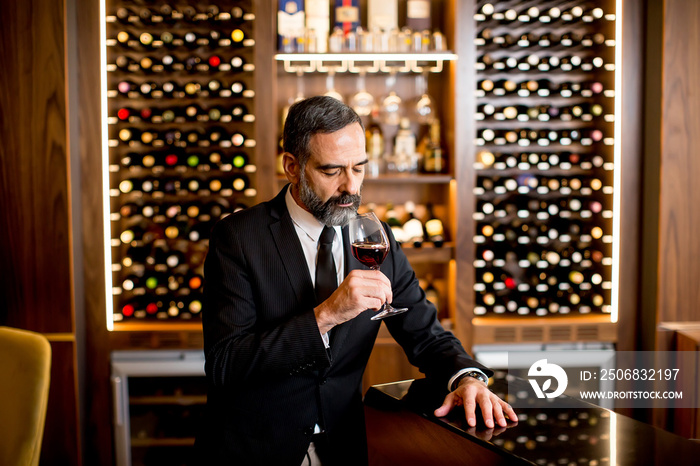 英俊优雅的商人在酒吧喝红酒的画像