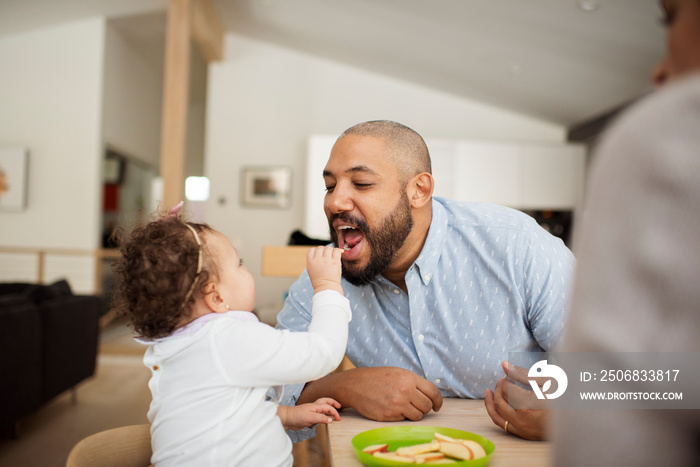 Daughter feeding apple slice to father at home