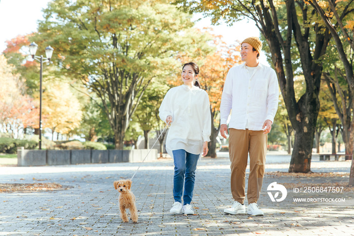 犬の散歩をする男女（歩く）