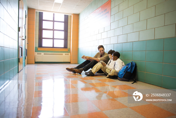 Portrait of male teacher and two schoolboys (8-9, 10-11) sitting on floor in school corridor using d