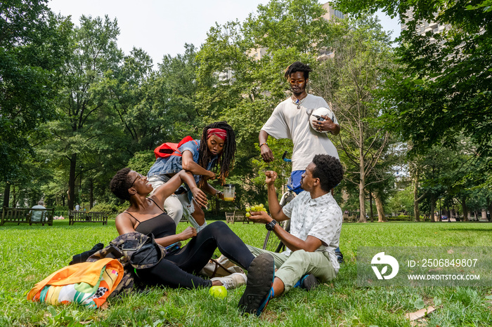 USA, Group of young friends relaxing on lawn in park