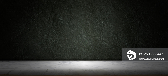 Empty white mable on cement wall dark background,perspective stone floor shelf table,used as a studi