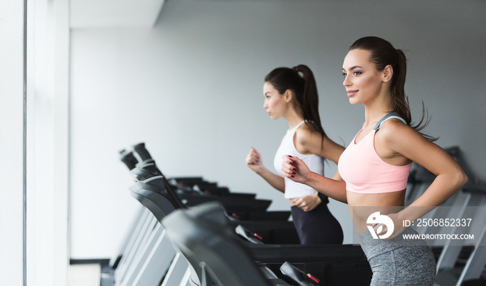 Sporty women running on treadmill, doing cardio workout in gym