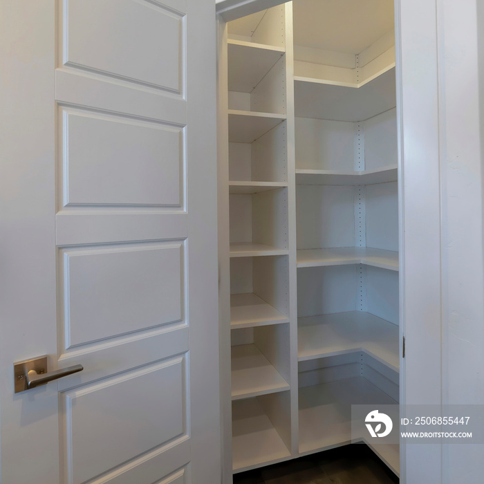 Square frame Small pantry with empty wall shelves at the corner of the kitchen of home