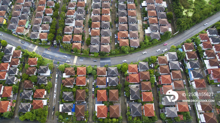 aerial view of home village and land management in bangkok thailand