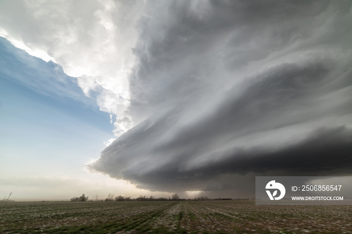 Landscape with massive supercell in the Eastern Texas panhandle, USA. Massive baseball-sized hail fe