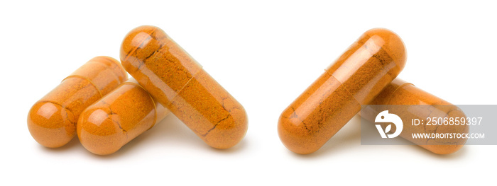 Collection turmeric (curcumin) capsules isolated on white background,Herbal capsule .