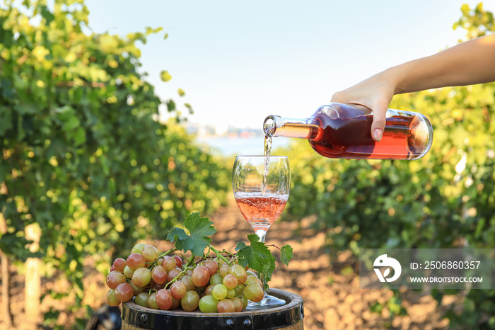 Woman pouring tasty wine in glass outdoors