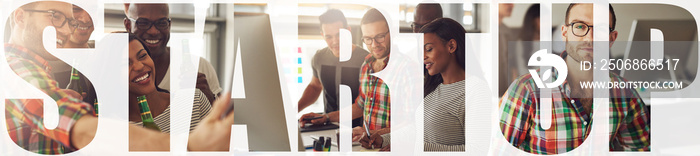 Collage of young entrepreneurs working together in their startup office