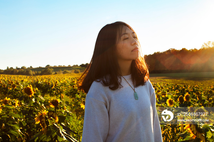 Woman standing in sunflower field