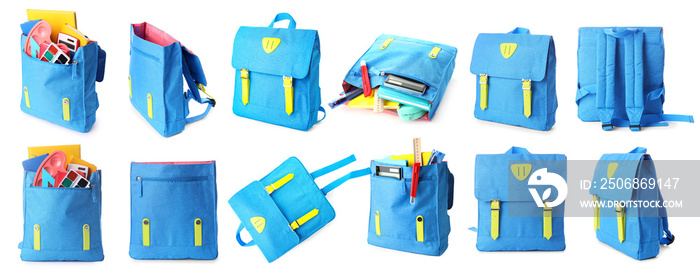 Many school backpacks on white background