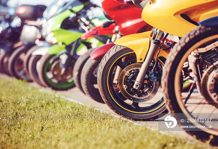 Motorcycles parade. Bikes in a row