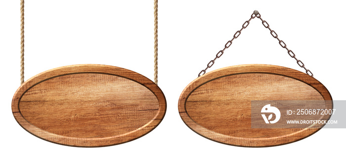 Oval wooden board made of natural wood hanging on ropes and chains