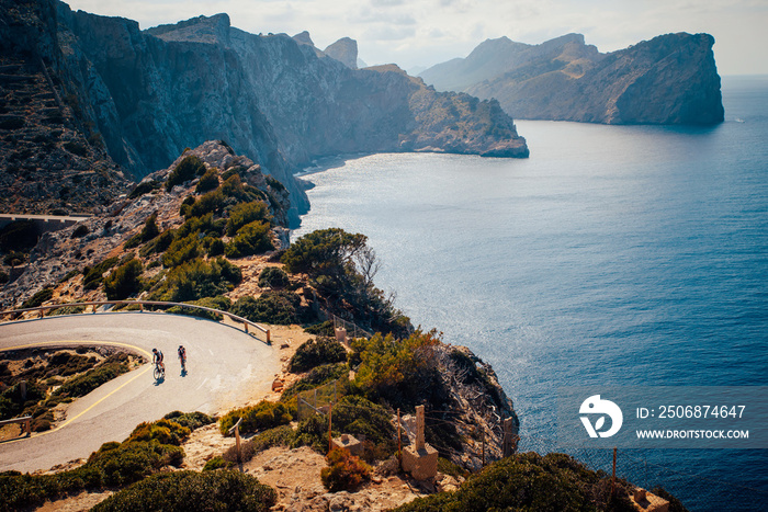 couple of cyclist on the road in Cap de Formentor. Mallorca, Spain