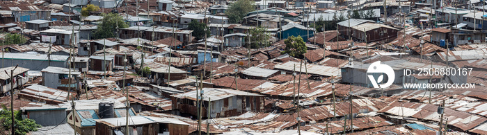 High angle panoramic view of the Kibera slum in Nairobi, Kenya.