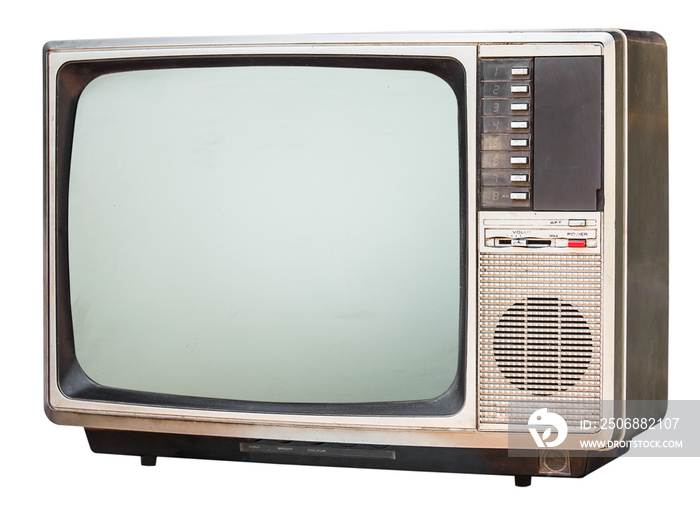 白色背景上隔离的老式复古色青铜家庭电视接收器，带侧视图的老式电视