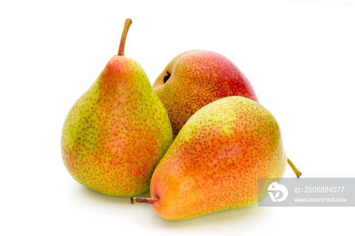 Fresh bio pear with leaves on isolated white background.